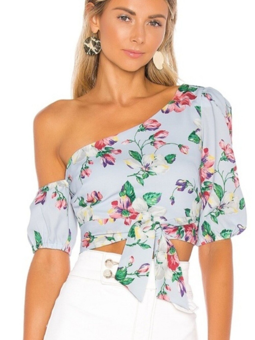 Majorelle Revolve Owen Blue Floral One Shoulder Asymmetrical Top